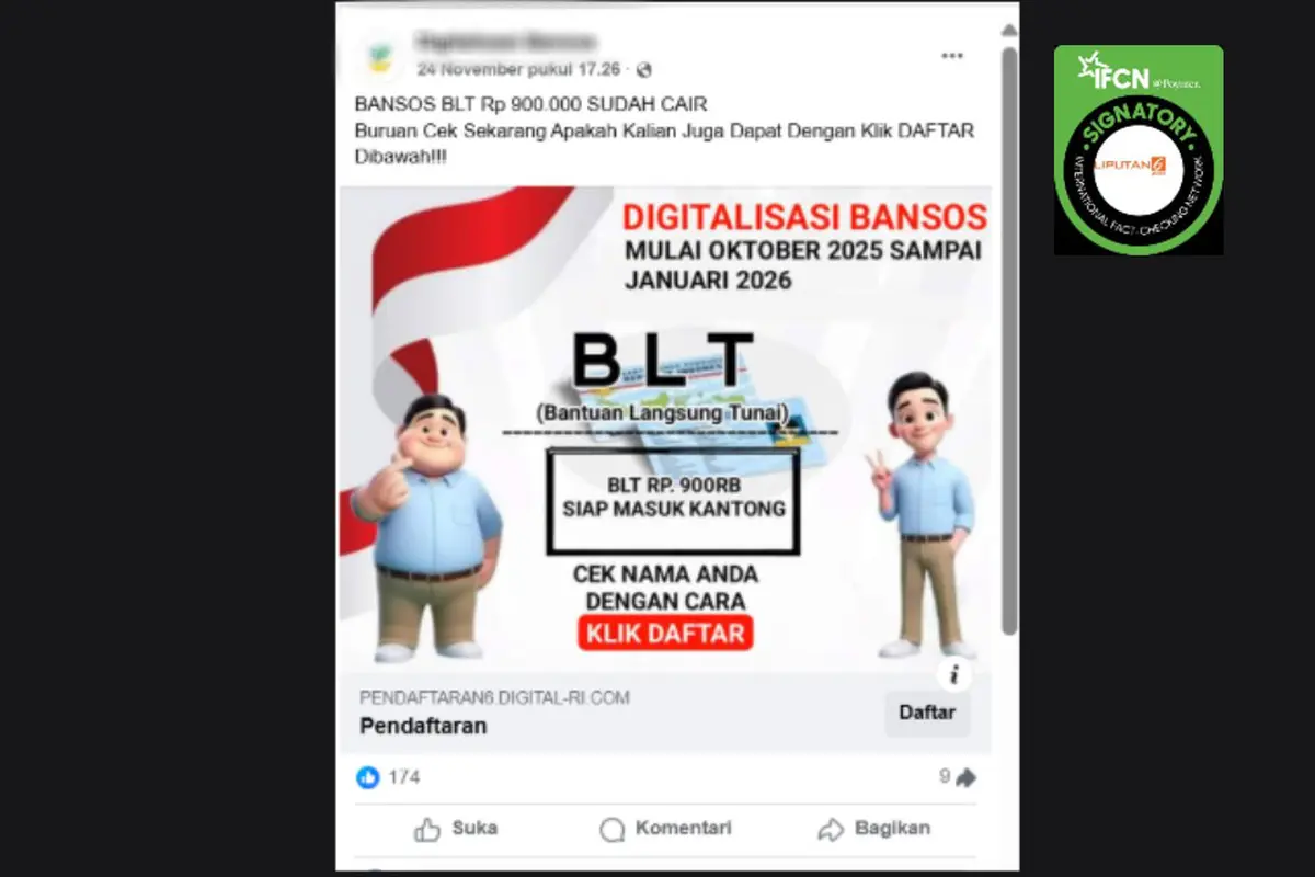 Tangkapan layar klaim link untuk mengecek bansos BLT Rp 900.000 yang beredar di Facebook.