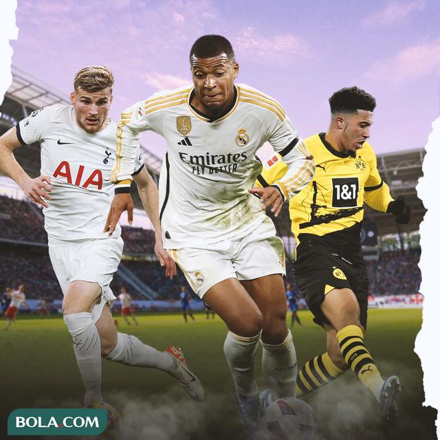 Ilustrasi - Timo Werner Tottenham Hotspur, Kylian Mbappe Real Madrid, Jadon Sancho Borussia Dortmund