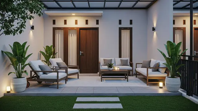 Desain Teras Sederhana Area Hijau untuk Rumah Dengan Area Duduk Nyaman dan Tanaman Pot