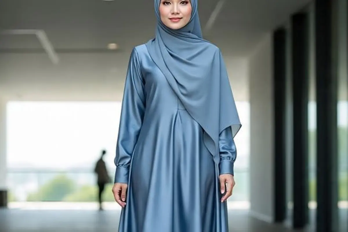 Ilustrasi Model Dress Panjang Longgar Kombinasi Satin (Sumber Gambar: Meta AI)