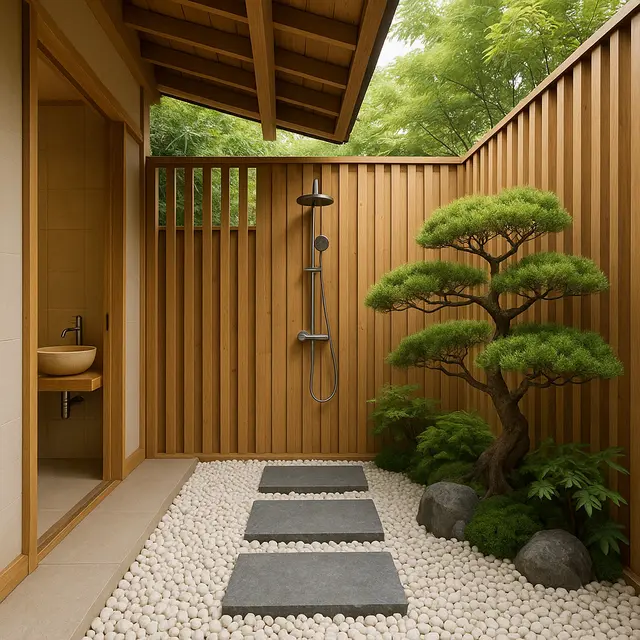 Inspirasi Kamar Mandi Semi Outdoor Bergaya Jepang (Image by ChatGPT)