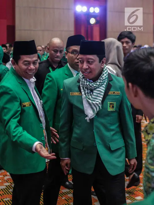 Ketua Umum PPP M. Romahurmuziy menghadiri Rapat Pimpinan Nasional (Rapimnas) IV dan Workshop Nasional Anggota DPRD PPP di Jakarta, Selasa (26/2). Kegiatan Rapimnas tersebut dilaksanakan pada 26-28 Februari 2019. (Liputan6.com/Faizal Fanani)