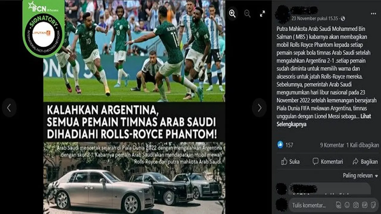 Gambar Tangkapan Layar Kabar Pemain Timnas Arab Saudi Mendapat Rolls-Royce Usai Mengalahkan Argentina di Piala Dunia Qatar 2022 (sumber: Facebook).