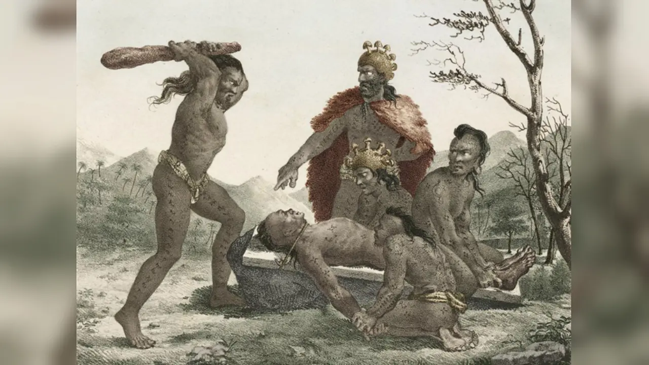 Ilustrasi ritual pengorbanan manusia (Foto: Jacques Arago/josephwatts.org).