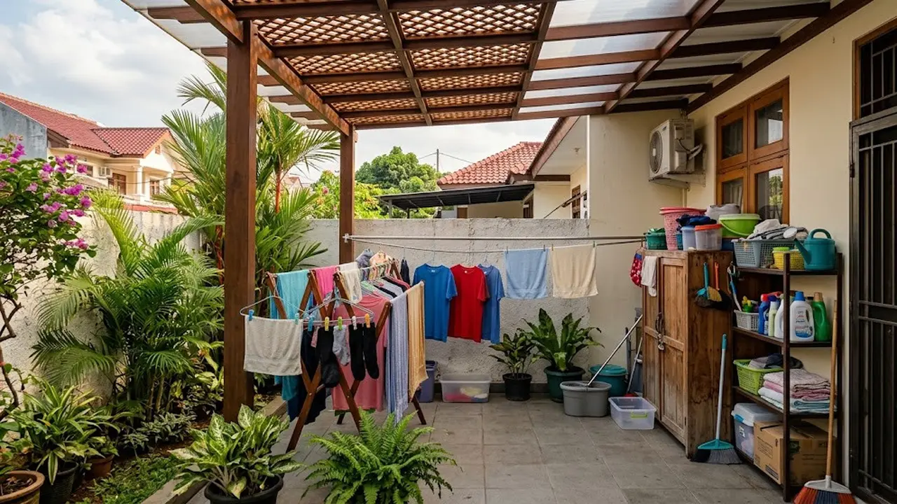 Desain Ruang Jemur di Belakang Rumah dengan Atap Kisi-Kisi