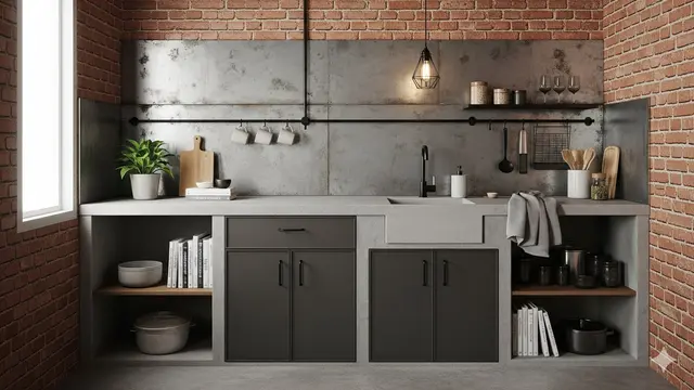 Dapur Industrial Compact dengan Backsplash Logam