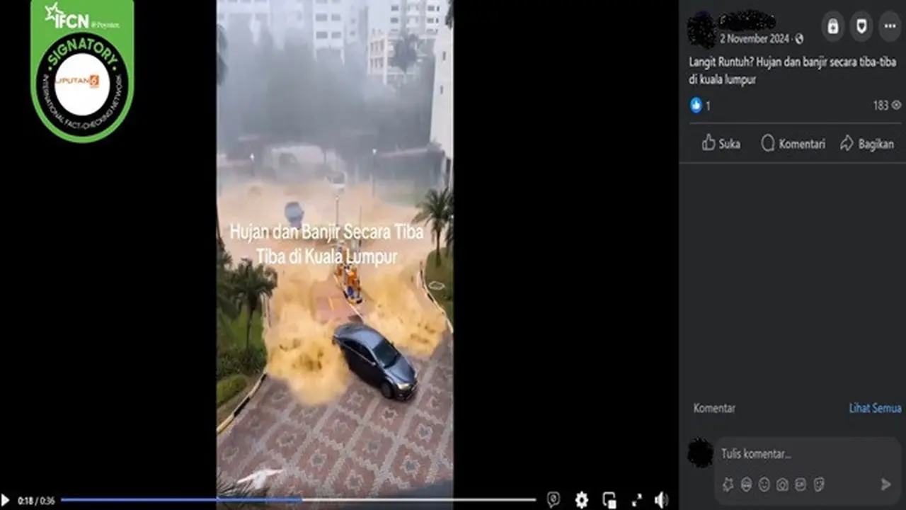 Gambar tangkapan layar video yang diklaim hujan dan banjir mendadak di Kuala Lumpur, Malaysia. (sumber: Facebook)