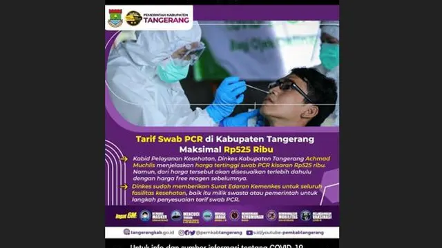 Unggahan Pemerintah Kabupaten Tangerang soal harga tertinggi tes PCR sebesar Rp 525 ribu
