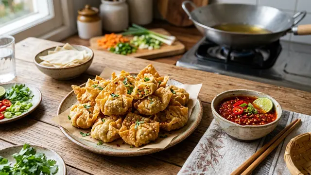 Resep Pangsit Goreng Isi Sayur dengan Saus Cocolan Pedas (AI Generated)
