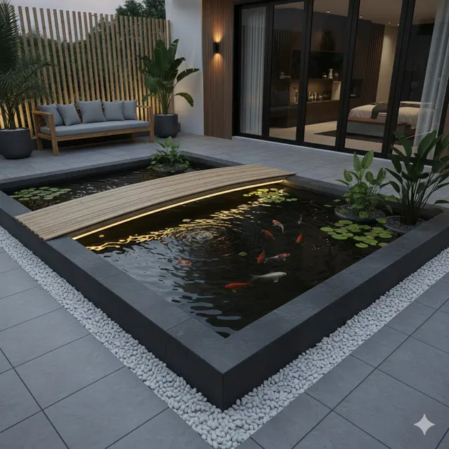 Model Kolam Ikan dengan Jembatan Bambu Mini di Teras Rumah