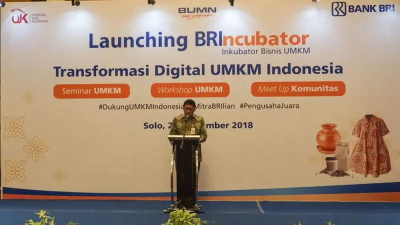 BRI meluncurkan program inkubasi bisnis untuk usaha mikro, kecil, dan menengah (UMKM) yang diberi nama BRIncubator di Solo, Jawa Tengah, Jumat (28/9/2018). (Fajar Abrori/Liputan6.com)