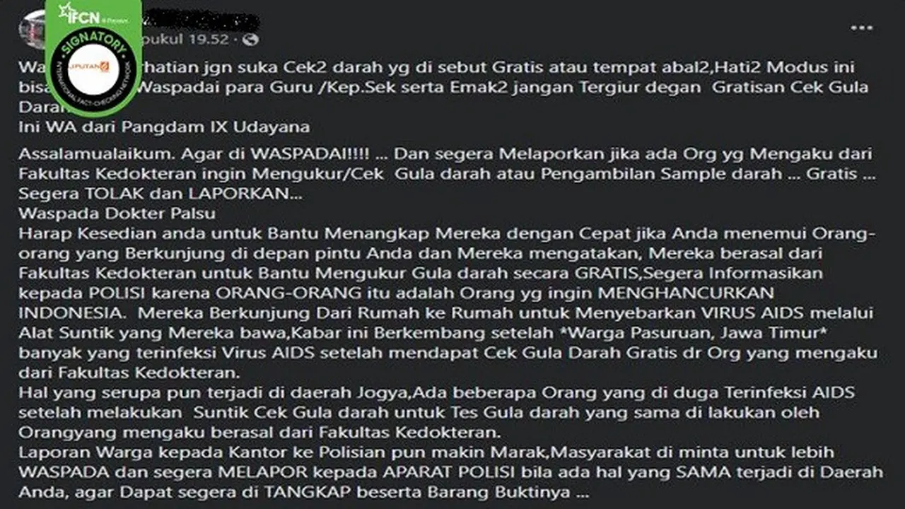 Gambar Tangkapan Layar Informasi yang Diklaim Cek Gula Darah Gratis Bertujuan Menularkan Virus HIV AIDS (sumber: Facebook).