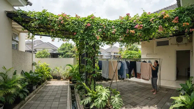 Ide Desain Rumah Rimbun untuk Perumahan Panas yang Teduh dan Tetap Rapi Nyaman Model Penggunaan Kanopi Tanaman Rambat di Area Jemur Pakaian