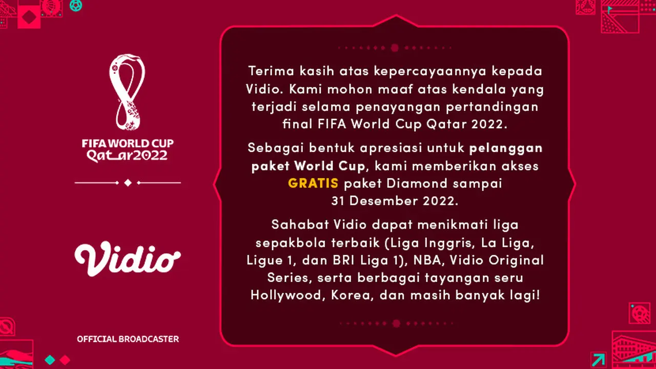 Vidio Berikan Akses Gratis Paket Diamond Hingga Akhir Tahun Kepada Pengguna Langganan Paket Piala Dunia 2022