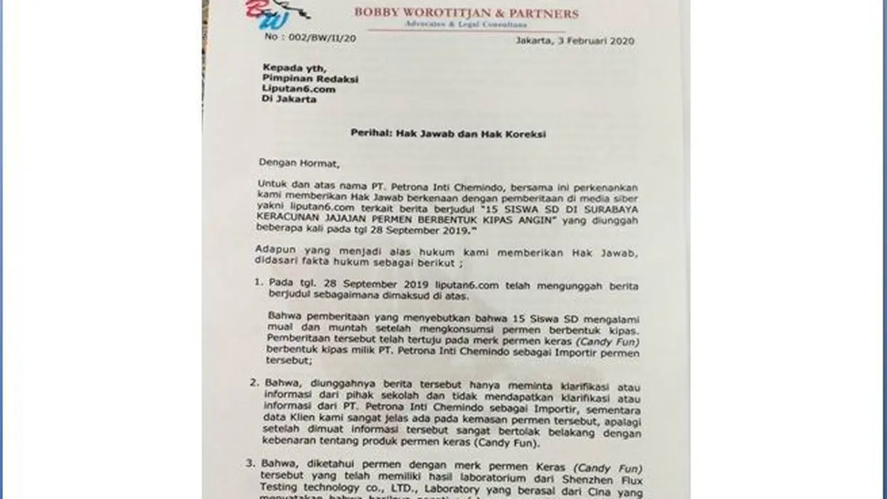Surat Hak Jawab PT Petrona Intl Chemindo soal Pemberitaan Permen Kipas Angin.
