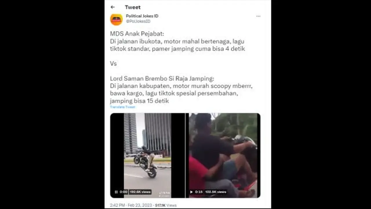 Warganet Komparasi Kemampuan Wheelie Mario Dandy dengan Lord Saman Brembo di Raja Jamping