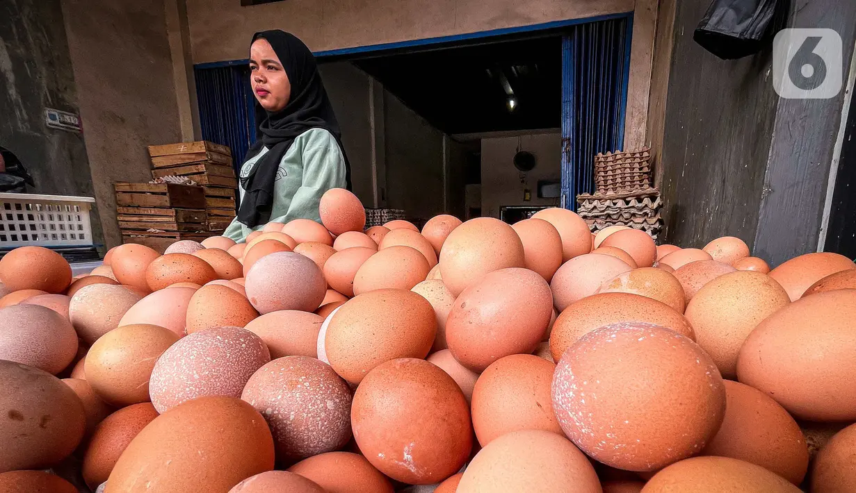 Pedagang agen telur menunggu pembeli di Tangerang, Banten, Selasa (8/3/2022). Menurut pedagang, pekan ini harga telur ayam ras mengalami kenaikan dari harga Rp19 ribu menjadi Rp24 ribu per kilogram. (Liputan6.com/Angga Yuniar)