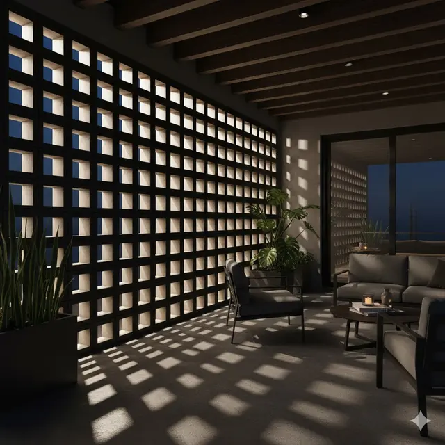 Teras Rumah Modern dengan Dinding Roster Tembus Cahaya (Image by Gemini AI)
