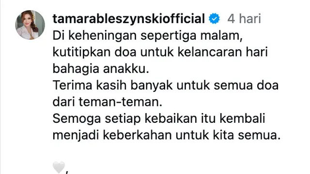 Unggahan Tamara Bleszynski. (Foto: Dok. Instagram @tamarableszynskiofficial)