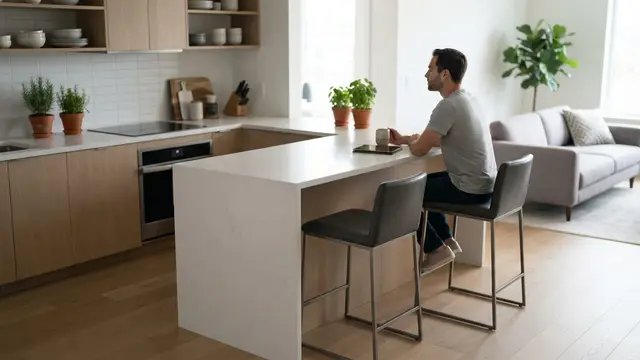 Desain Meja Bar Mini sebagai Pembatas Dapur dan Ruang Keluarga