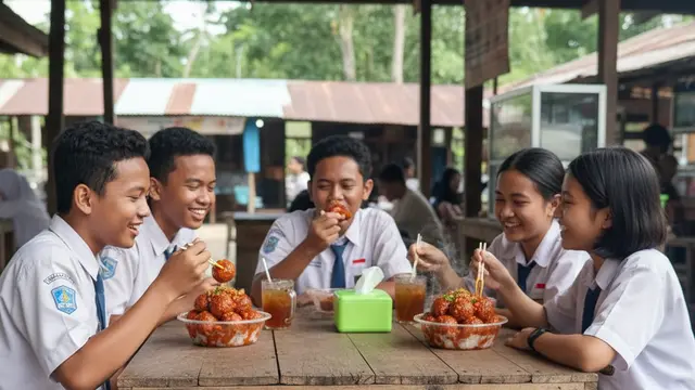 Sekelompok Anak SMP Sedang Menikmati Pentol Mercon