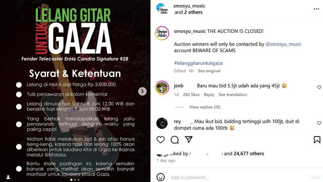 Pengumuman Eross Lelang Gitar. (Instagram/ smosyu_music)