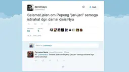 "Selamat jalan om Pepeng "jari-jari" semoga istirahat dgn damai disisiNya", vokalis Band Naif, David, lewat akun Twitter pribadinya @davidbayu. (twitter.com/davidbayu)