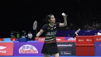 Tunggal putri Indonesia, Gregoria Mariska Tunjung, bertanding pada babak pertama China Masters 2023 di Shenzen Bay Gymnasium, Guangdong, Rabu (22/11/2023). (Bola.com/PBSI)