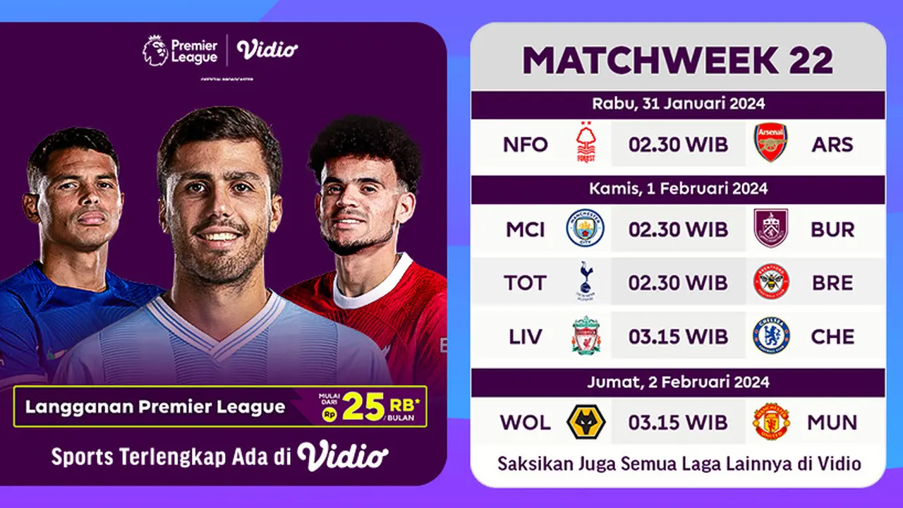 Jadwal & Live Streaming Liga Inggris 2023/2024 Matchweek 22 di Vidio Pekan Ini