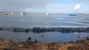 Minyak mencemari tepi pantai umum di Riviere des Creoles, Mauritius, Sabtu (8/8/2020). Mauritius memberlakukan status darurat setelah kapal Jepang, MV Wakashio, kandas dan menumpahkan 1.000 metrik ton minyak mentah. (Sophie Seneque via AP)