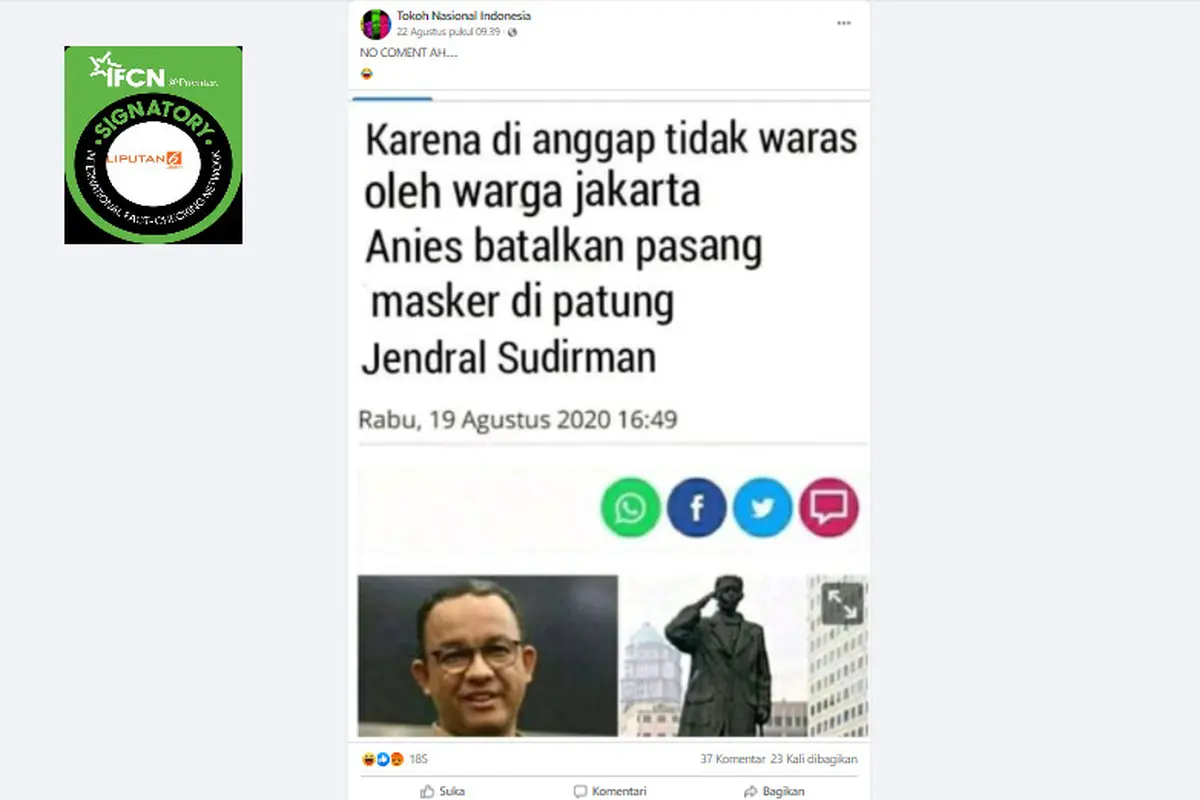 Penelusuran klaim Anies Batal Pasang Masker di Patung Jenderal Sudirman karena Dianggap Tak Waras