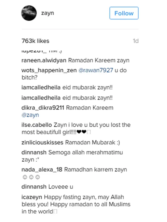 "Happy Ramadhan Kareem Zayn," tulis akun nadaalexa_18. "Semoga Allah merahmatimu di bulan puasa ini Zayn," tulis akun dinnansh. (instagram/Bintang.com)