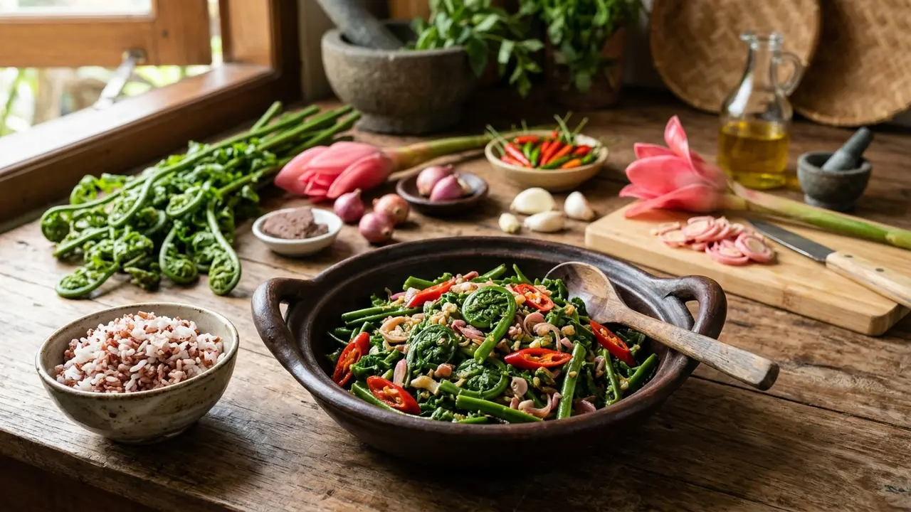 Resep Tumis Daun Pakis dengan Bunga Kecombrang dan Cabai
