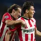 Ekspresi pemain PSV, Hector Moreno setelah mencetak gol ke gawang MU dalam pertandingan Grup B Liga Champions yang berlangsung di Stadion Philips, Eindhoven, Belanda. Selasa (12/9/2015). (AFP Photo/ANP/Olaf Kraak)