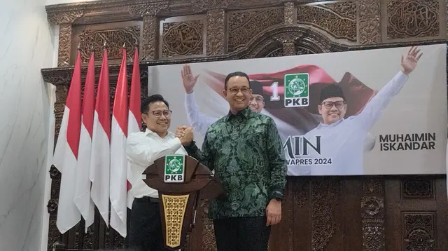 Bakal capres Anies Baswedan bersama bakal cawapres Muhaimin Iskandar alias Cak Imin menggelar pertemuan di Markas PKB, pada Senin (11/9/2023). (Liputan6.com/Winda Nelfira)