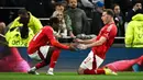 Pemain Nottingham Forest, Chris Wood melakukan selebrasi setelah mencetak gol ke gawang Tottenham Hotspur dalam laga lanjutan Liga Inggris 2024/2025 di Tottenham Hotspur Stadium, London, Inggris, Selasa (22/04/2025). (AFP/Ben Stansall)