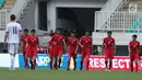 Pemain Korea Utara merayakan gol ke gawang Uzbekistan pada laga perdana PSSI Anniversary 2018 di Stadion Pakansari, Kab Bogor, Jumat (27/4). Laga berakhir imbang 2-2. (Liputan6.com/Helmi Fithriansyah)