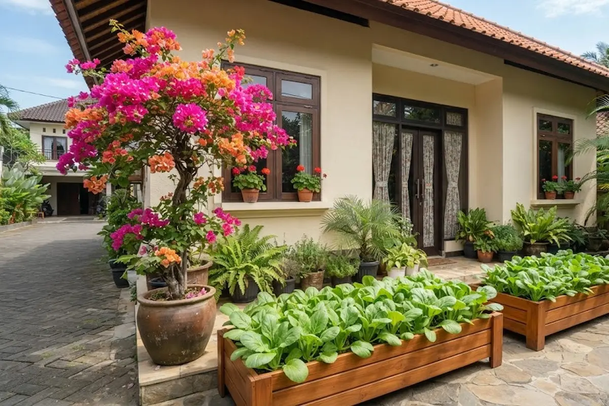 Inspirasi Taman Teras dengan Bunga Hias dan Sayuran Daun
