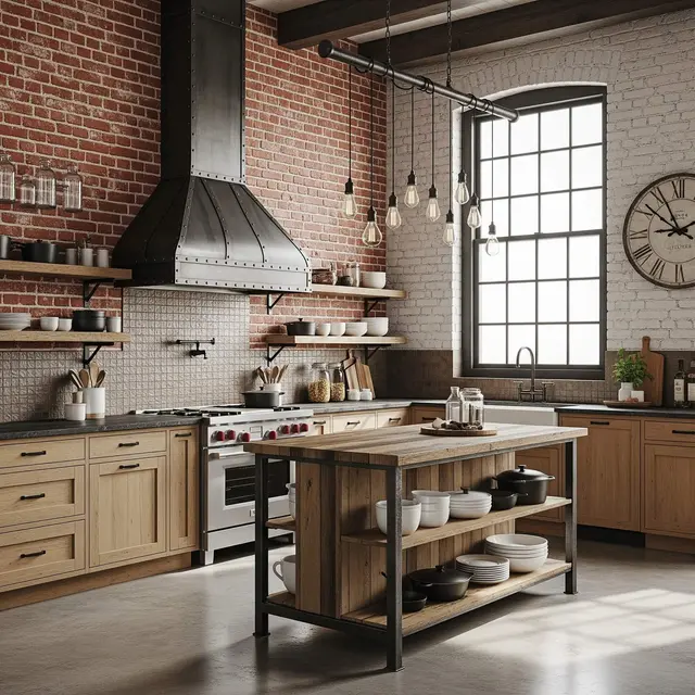Desain Dapur Industrial dengan Kombinasi Kayu dan Besi