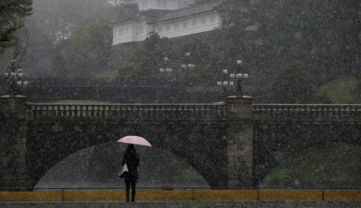 Kota Tokyo dilanda hujan salju pada bulan November untuk pertama kali dalam 54 tahun terakhir, Jepang, Kamis (24/11). Salju yang turun cukup deras memperlambat aktivitas warga Tokyo pada jam-jam sibuk. (REUTERS / Toru Hanai)