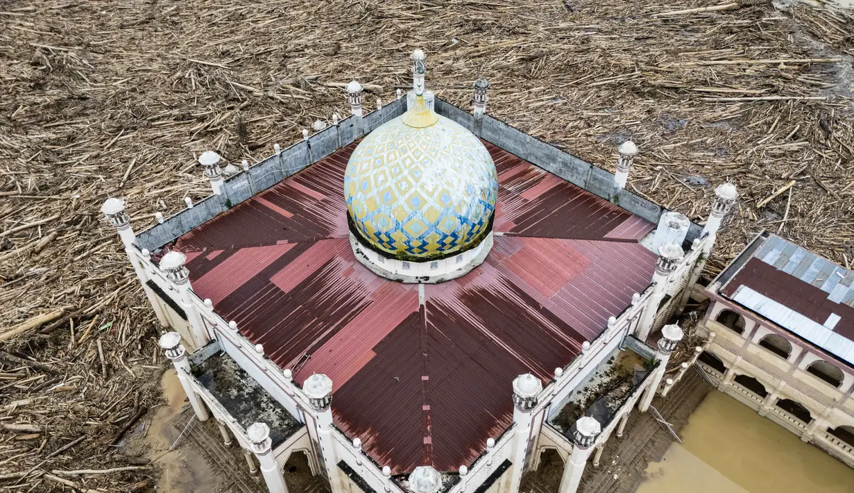 Di kompleks pesantren tersebut, kayu gelondongan berukuran besar masih menumpuk. Bahkan, ketinggian tumpukan kayu gelondongan tersebut setara bangunan dua lantai atau setinggi kurang lebih 10 meter. Tampak foto udara menunjukkan tumpukan pohon tumbang yang tersapu banjir bandang sekitar tiga pekan lalu di Pesantren Darul Mukhlisin dan masjid yang terhubung dengan pesantren tersebut di Aceh Tamiang, pada Minggu 14 Desember 2025. (Foto oleh AFP)