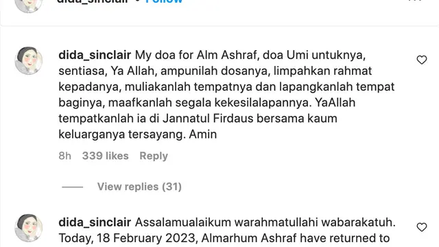 Unggahan Ibunda Ashraf Sinclair. (Foto: Dok. Instagram @dida_sinclair)