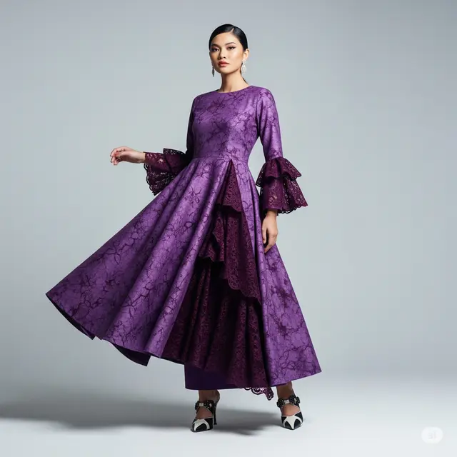 Model Batik Potongan Fit and Flare Kombinasi Brokat yang Elegan.