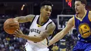 Pebasket Memphis Grizzlies Courtney Lee (kiri) menggiring bola saat dihadang pebasket Golden State Warriors Klay Thompson di FedExForum, Memphis,Kamis (12/11/2015).. Golden State kalahkan Memphis 100-84. (Reuters/Nelson Chenault-USA TODAY Sports)