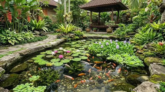 Desain Kolam Ikan Dangkal yang Menggabungkan Ikan dan Tanaman Hias