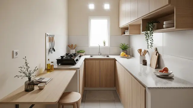 Dapur Gaya Galley (Lorong) dengan Meja Terintegrasi