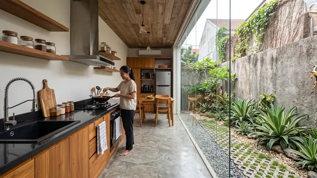 Desain Dapur Terbuka dengan Taman Kering Anti Ribet