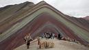 Seorang pria Andes beristirahat bersama llamanya di Gunung Pelangi di Pitumarca, Peru (2/4). Rainbow Mountain atau Gunung Pelangi memiliki warna-warni seperti pelangi ini memiliki ketinggian 16.404 kaki (5.000 meter) di Andes Peru. (AP Photo/Martin Mejia)