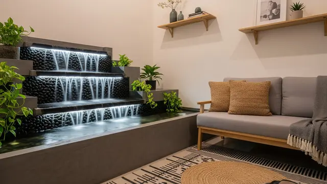 8 Ide Ruang Tamu Kecil dengan Air Terjun Mini Indoor yang Menenangkan, Bikin Suasana Rumah Lebih Adem dan Elegan