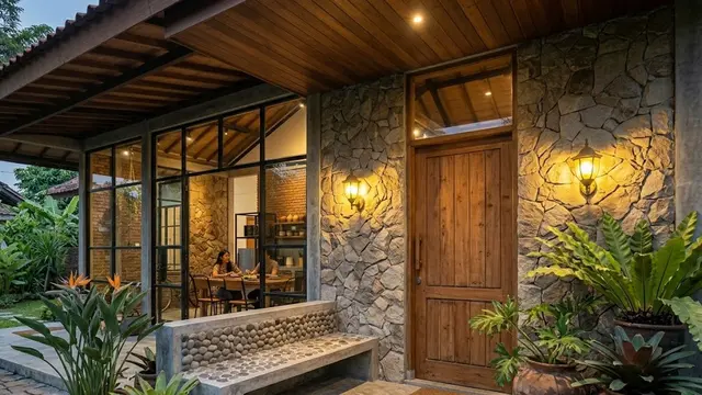 Rumah Desa Rustic dengan Bangku Cor Batu Alam